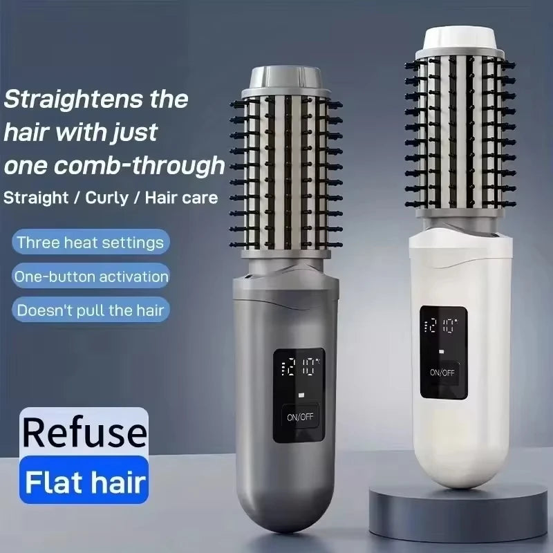Cordless Hair Straightener Brush 2 in 1 Ionic Hot Comb USB Rechargeable Portable Hair Styling Tool